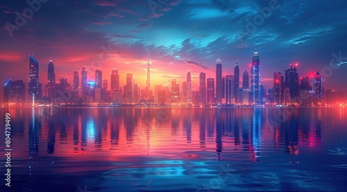 3d rendering of dubai skyline at night with neon lights and reflection in the water. Beautiful cityscape background. Blue, orange and red color theme photo