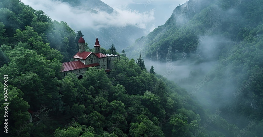 Among the dense trees of the forest is the church monastery, where the monks live, pray and continue their activities.