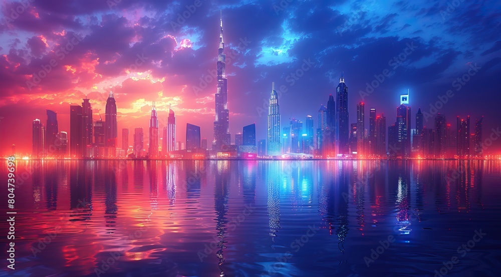 3d rendering of dubai skyline at night with reflection in the water. Bright neon lights and city skyscrapers at dusk. Digital illustration of modern architecture