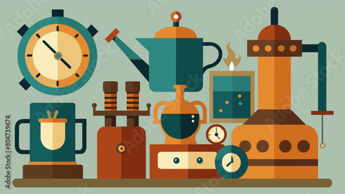 A section dedicated to vintage tools and machinery including oldfashioned typewriters dusty grandfather clocks and glossy copper kettles.. Vector illustration