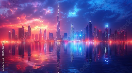 3d rendering of dubai skyline at night with reflection in the water. Bright neon lights and city skyscrapers at dusk. Digital illustration of modern architecture © Gomi555