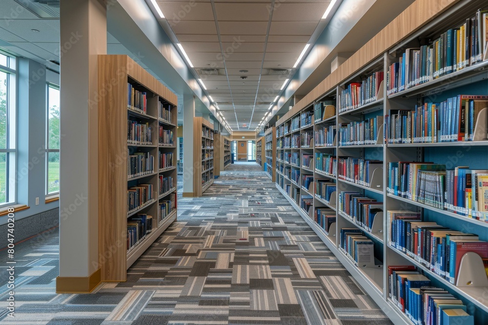 Modern library interior with natural light, featuring wood-tone shelves and geometric carpet, education themes or architectural designs.