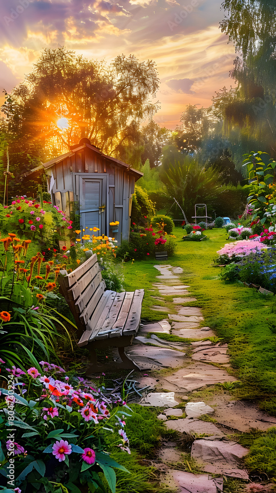 Scenic View of a Flourishing Garden at Sunset: A Perfect Haven for Gardening Enthusiasts