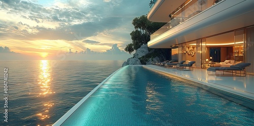 3D rendering of luxury cruise ship with large outdoor pool on the deck, overlooking ocean view. photo