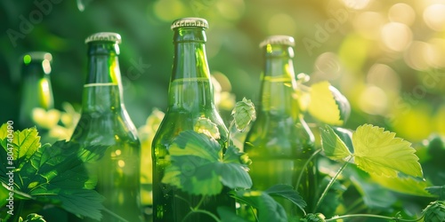 beer glass green bottles close up stand in hop and dry and wet plants  craft and fresh with metal caps in sunny day