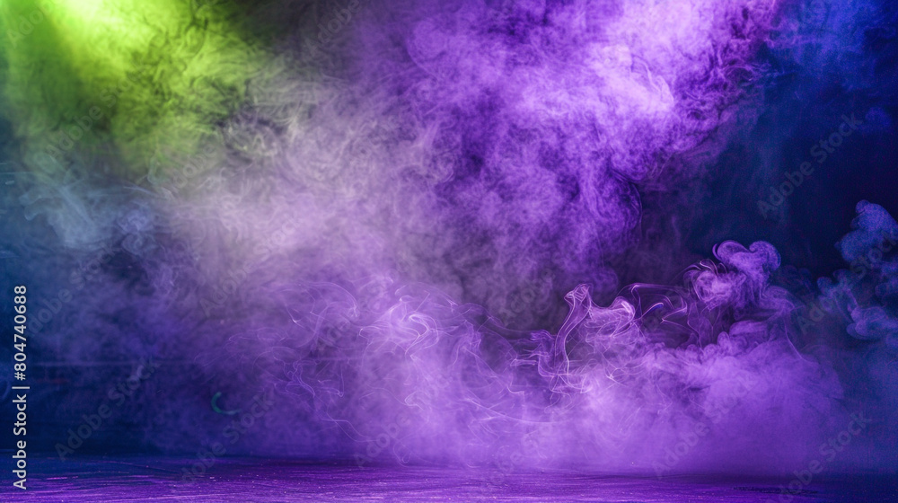 Bright lavender smoke drifting across a stage under a lime green spotlight, providing a soft, playful visual.