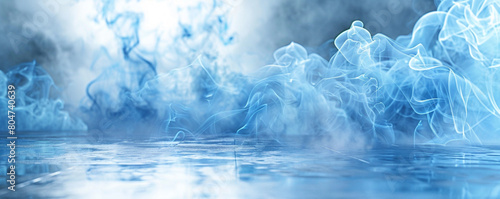 Bright blue smoke abstract background wafts over a shimmering silver floor.