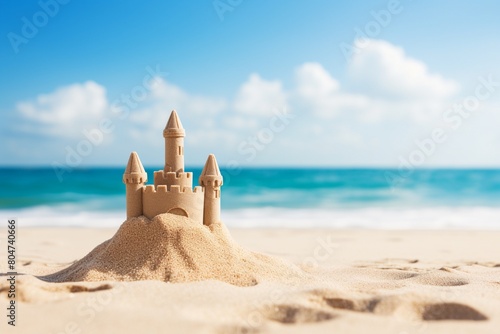 Sand castle by the ocean, made by kids on a beach, background with copy space