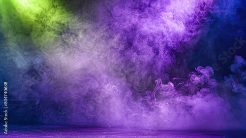 Bright lavender smoke drifting across a stage under a lime green spotlight  providing a soft  playful visual.