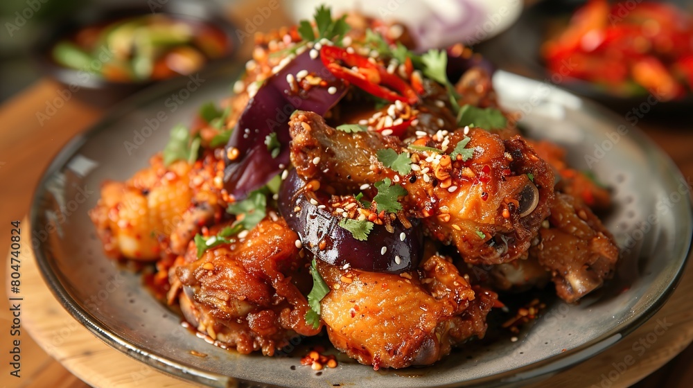 Fried chicken with chili sauce and eggplant on layah. Generative Ai Fried chicken with chili sauce and eggplant on layah. Generative Ai