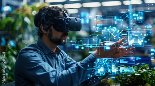 Engineer Using Virtual Reality to Simulate Industrial Changes An engineer immersed in virtual reality gear manipulating and simulating industrial landscapesEthereal forests