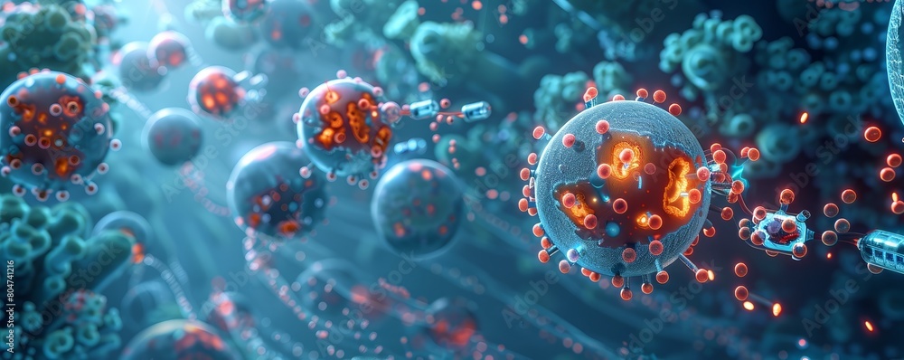 Senolytic at Work A dynamic closeup image of senolytic drugs depicted as tiny robots or specialized molecules targeting and disintegrating senescent cells in the bloodstreamM Senolytic at Work A dynamic closeup image of senolytic drugs depicted as tiny robots or specialized molecules targeting and disintegrating senescent cells in the bloodstreamM