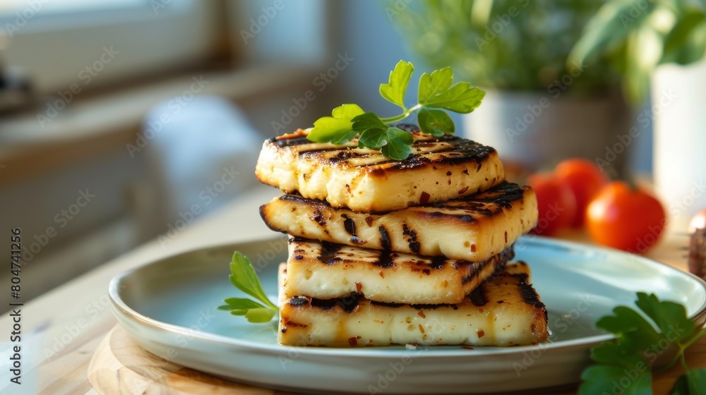 Delicious grilled halloumi cheese with fresh parsley on a plate