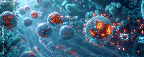 Senolytic  at Work A dynamic closeup image of senolytic drugs depicted as tiny robots or specialized molecules targeting and disintegrating senescent cells in the bloodstreamM photo