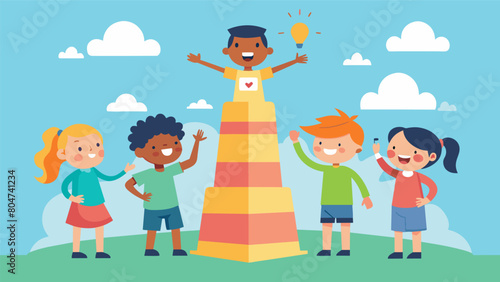 Children excitedly gather around the base of the tower eagerly soaking up the sensationalist messages being transmitted..