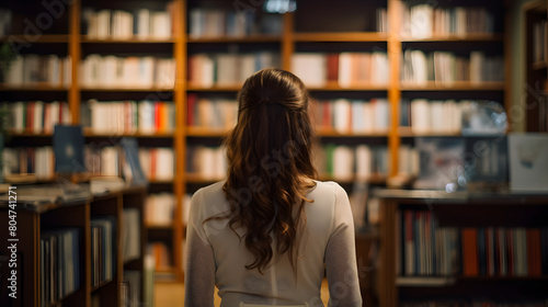 Rear view of a woman standing in front of a bookshelf searching for information in the library.