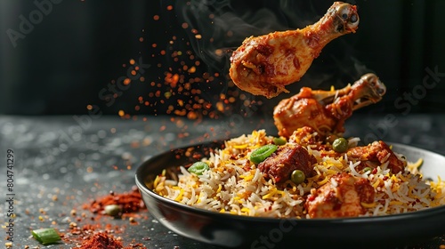 indian chicken biryani, Spicy chicken biryani food photography, flying food, . Generative Ai photo