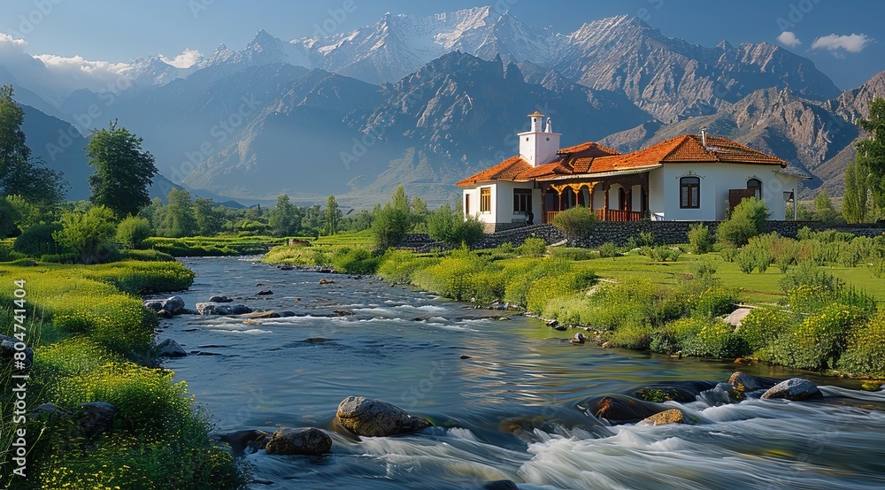 Naklejka premium A beautiful house in the middle of kashmiri village with green grass and river flowing, a red roofed white building on right side, dark mountains