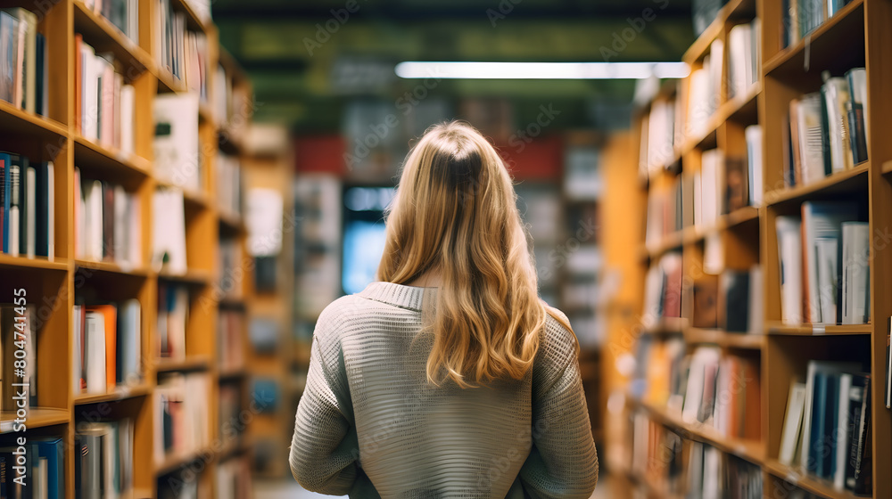 Rear view of a woman standing in front of a bookshelf searching for information in the library. Rear view of a woman standing in front of a bookshelf searching for information in the library.
