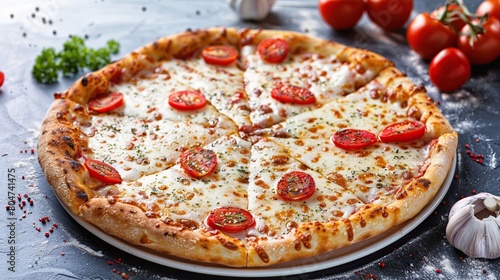 Neapolitan pizza with spices, tomatoes and cheese mozzarella on dark background. Generative Ai