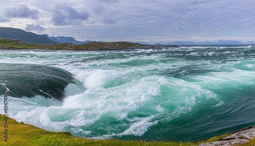 abstract background waves of water of the river and the sea meet each other during high tide and low tide whirlpools of the maelstrom of saltstraumen nordland norway photo