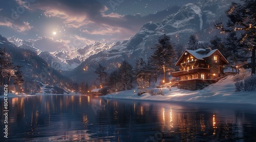 a beautiful house in the mountains with snow, river and moonlight, cozy atmosphere, photorealistic, high resolution --ar 128:71 --stylize 750 Job ID: 9d52cbdc-36df-41b2-834d-17b1695ee6f5