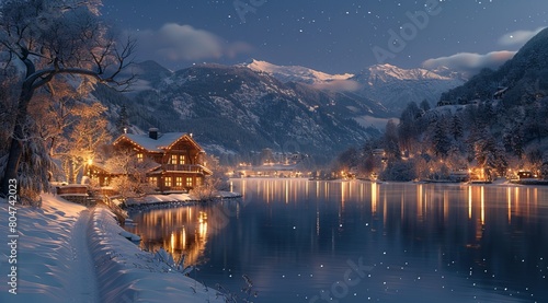 A beautiful house in the snow  next to it is an river and mountains with moonlight shining on them  photo realistic