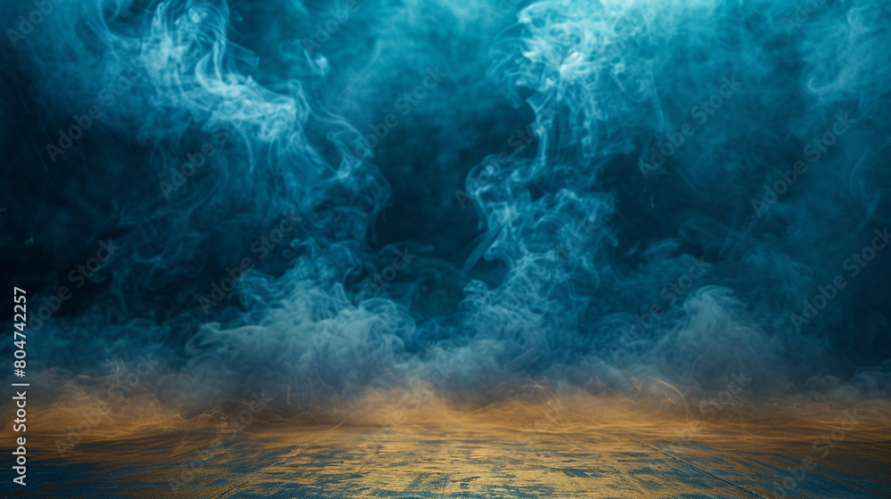 Deep blue smoke abstract background rises from a pale gold floor, rich and reflective.