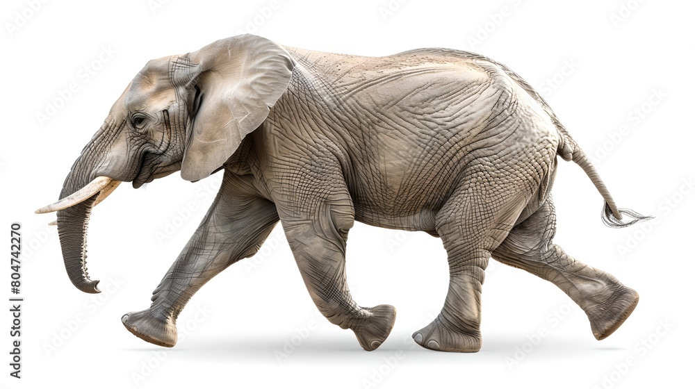 Obraz premium Graceful African Elephant on the Move. Isolated on White Background. Perfect for Educational Material and Nature Themes. Photo Stock Image. AI