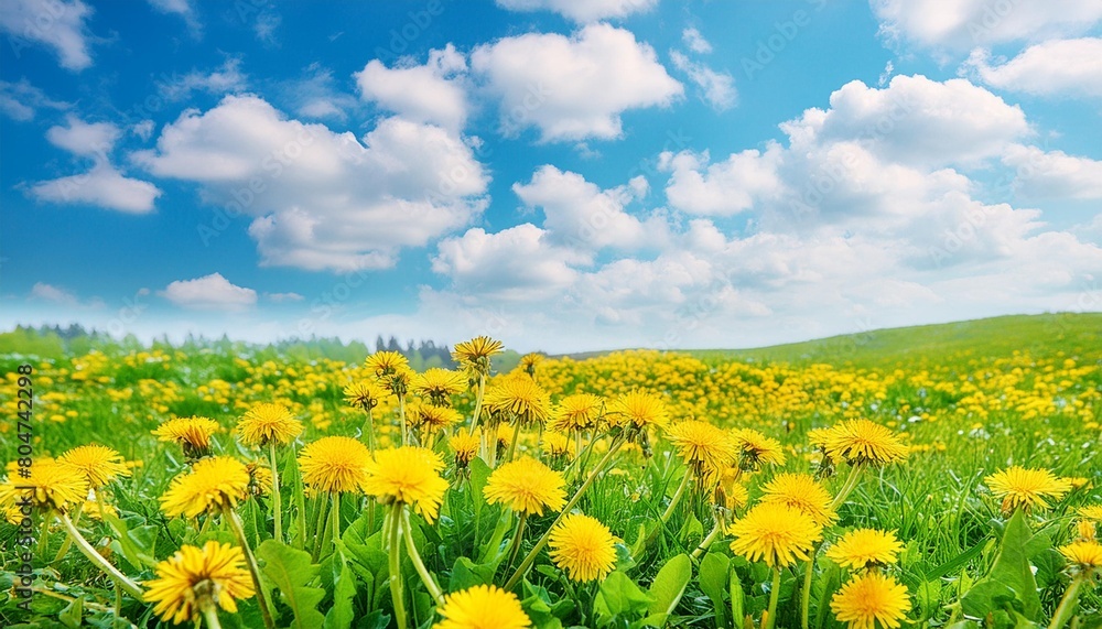 beautiful meadow field with fresh grass and yellow dandelion flowers in nature against a blurry blue sky with clouds summer spring natural landscape