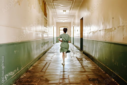 Femme courant dans un long couloir pour s'échapper photo