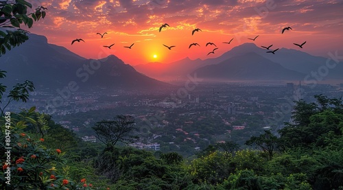 A breathtaking sunset over the Indian city of Patantia, with mountains in background and birds flying overhead.  #804742658