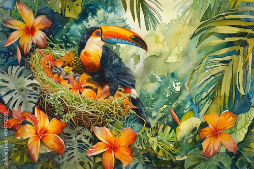 Watercolor of a brightly colored toucan feeding its young in a vibrant nest high up in a rainforest tree.