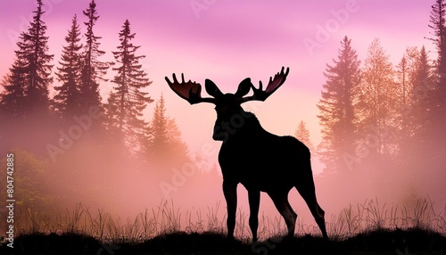 horizontal banner silhouette of moose standing on meadow in forrest silhouette of animal trees grass magical misty landscape fog orange black and pink illustration bookmark © Roland