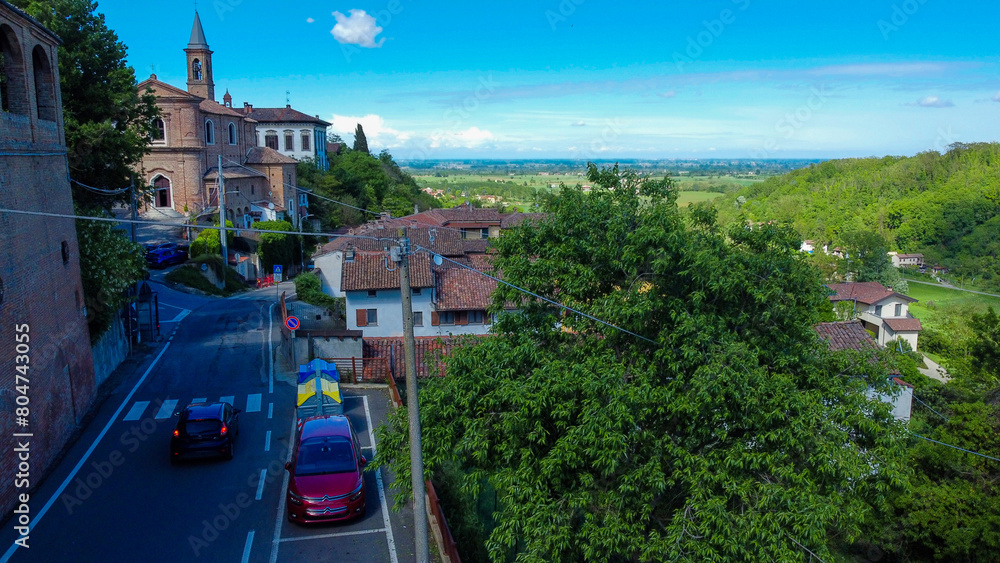 Obraz premium Drone images of Rivarone, a small village between plains and hills, Alessandria, Piedmont, Italy