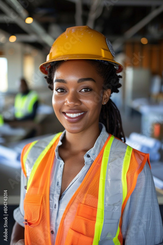 A black Woman in construction gear, vibrant safety vest, confident smile