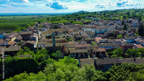 Drone images of Rivarone  a small village between plains and hills  Alessandria  Piedmont  Italy