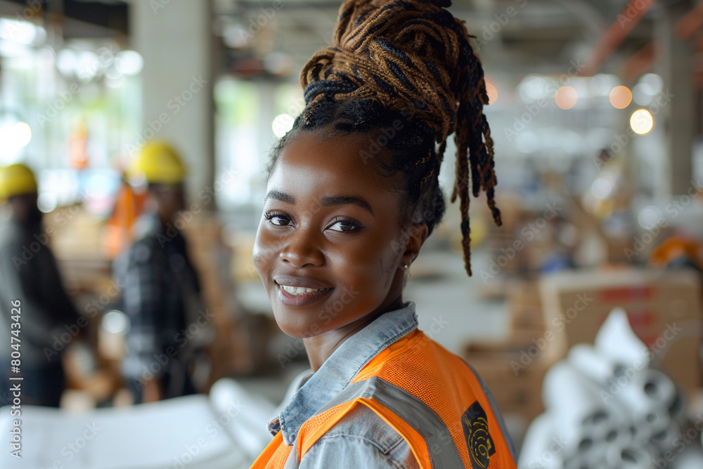 A black Woman in construction gear, vibrant safety vest, confident smile A black Woman in construction gear, vibrant safety vest, confident smile