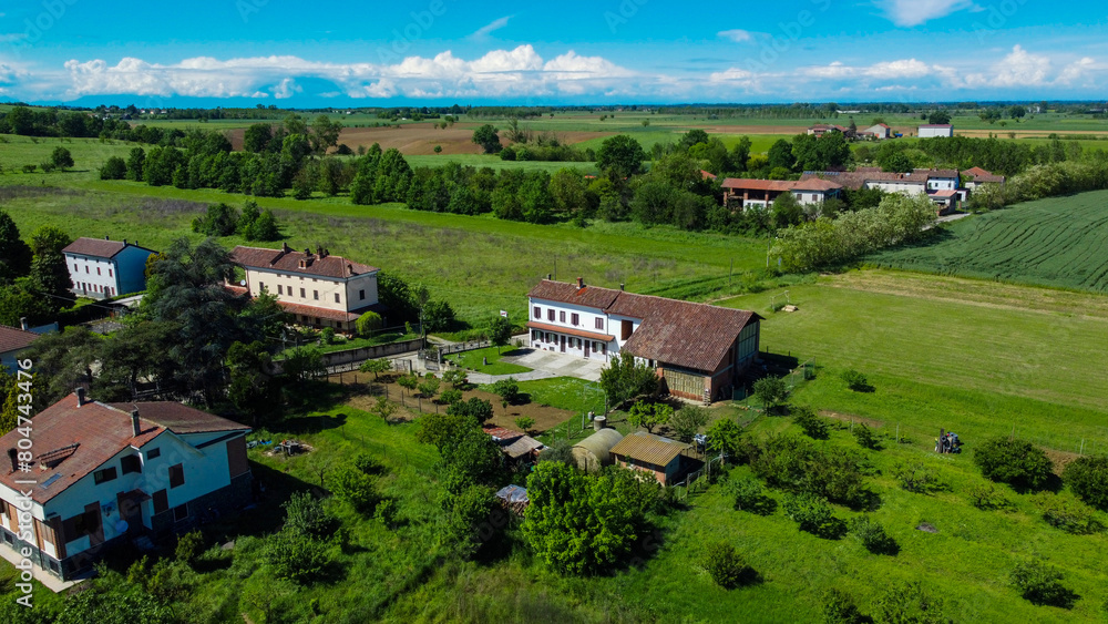 Drone images of Rivarone, a small village between plains and hills, Alessandria, Piedmont, Italy