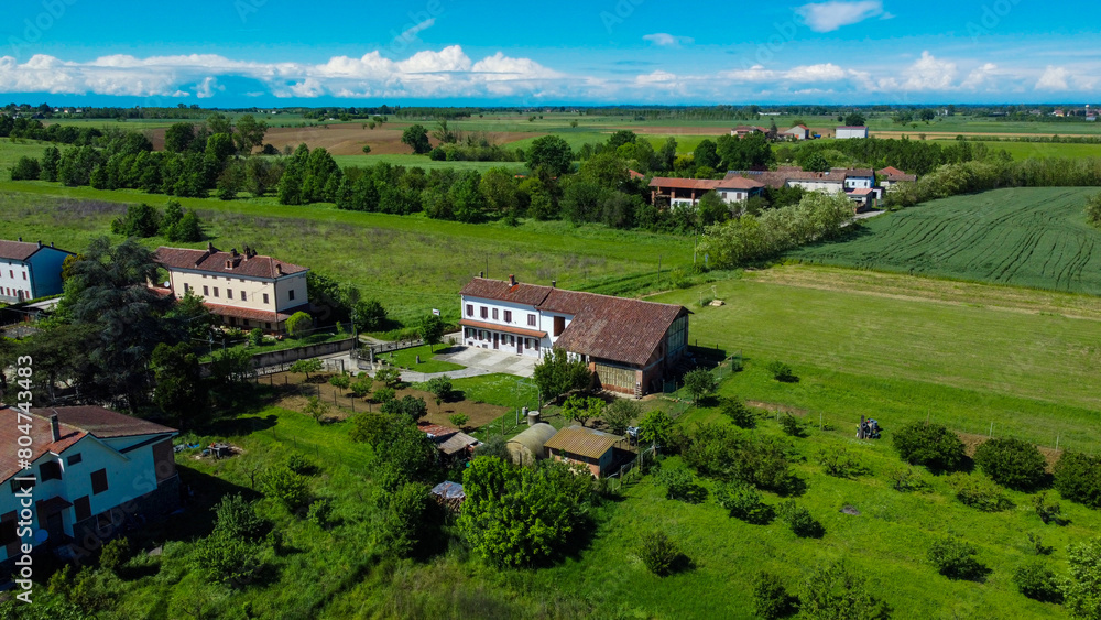 Drone images of Rivarone, a small village between plains and hills, Alessandria, Piedmont, Italy