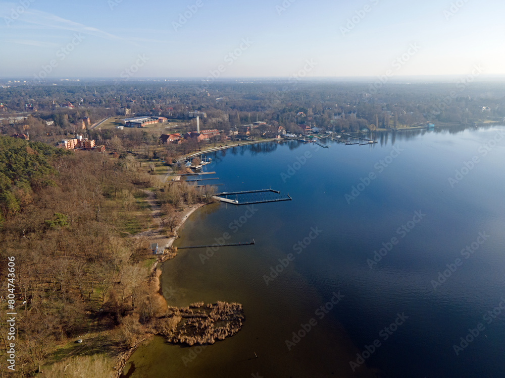 Aerial landscape of Havel river Wannsee beach and Grunewald forest on a sunny day in Berlin