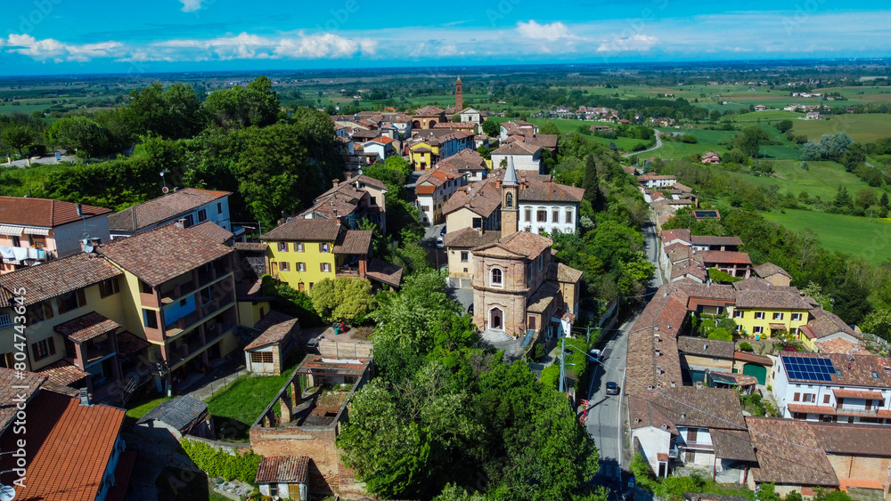 Pecetto di Valenza is an Italian municipality in the province of Alessandria in Piedmont, Italy. Image from the drone