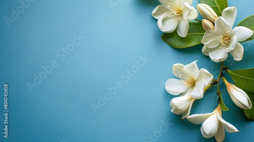 A close up shot capturing a beautiful Jasmine flower alongside a heartfelt Mother s Day note set against a serene blue background photo