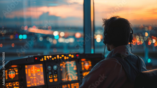 Air traffic controller working in the control tower at the airport, supervising flights of planes photo