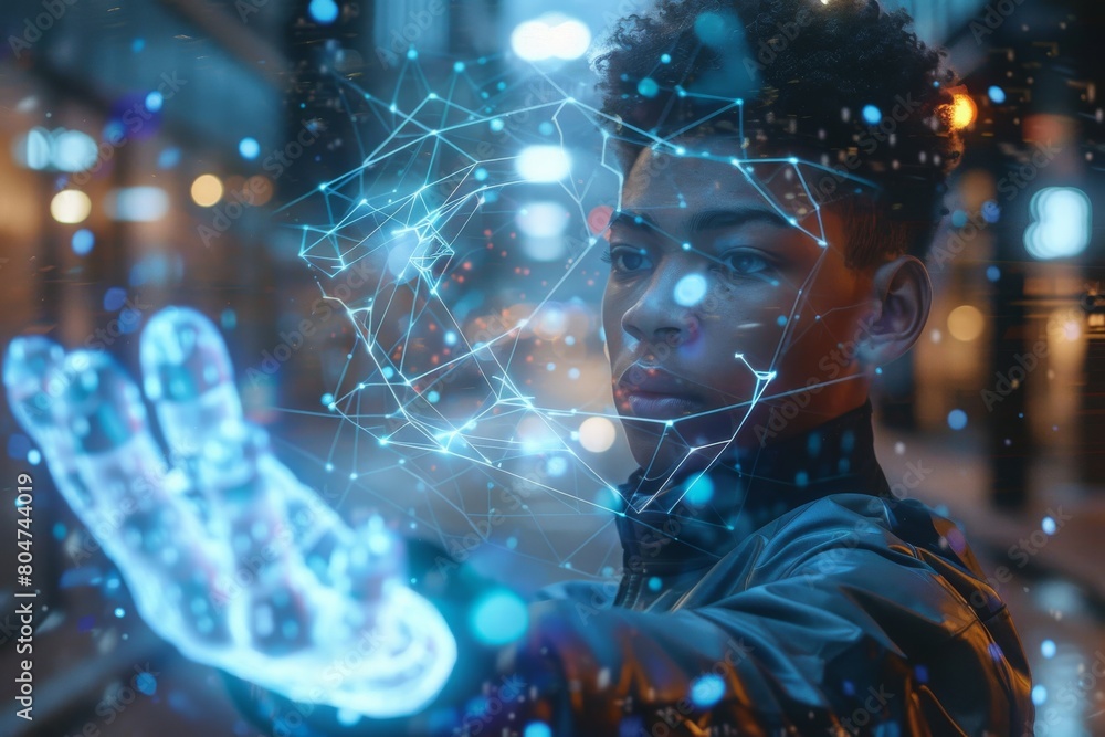 A futuristic concept of a person interfacing with virtual reality icons and networks A futuristic concept of a person interfacing with virtual reality icons and networks