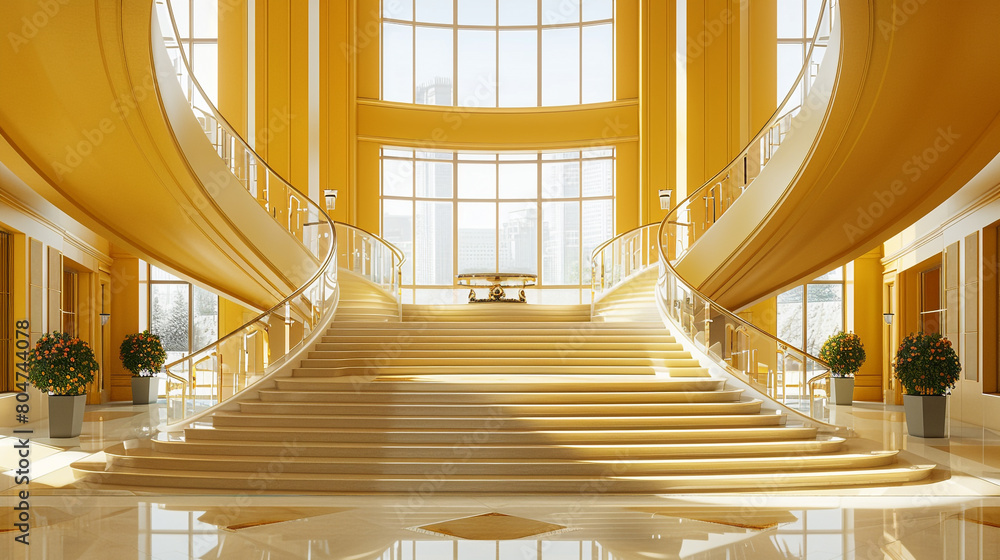 Obraz premium Elegant goldenrod entrance hall with a grand staircase and panoramic windows in a modern American setting.