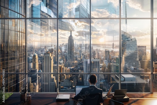 In an expansive glass office, a businessman admires the city skyline illuminated by the sunrise