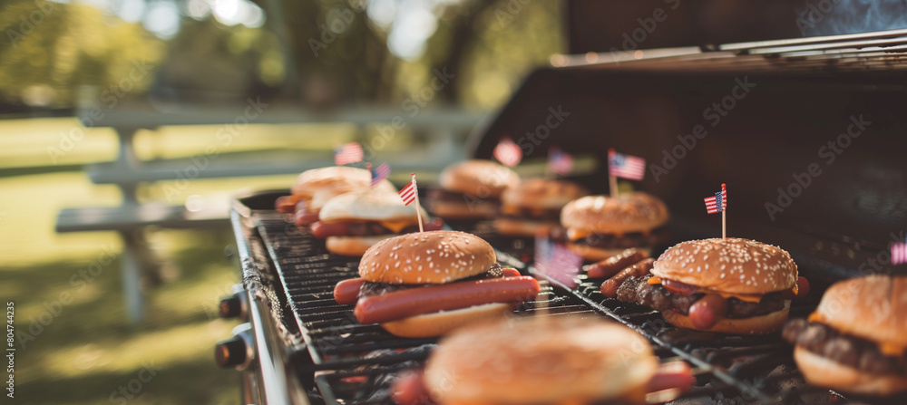 featuring a close-up of a grill at a park with burgers and hot dogs, with small American flags inserted in the buns, Memorial Day, Independence Day, with copy space featuring a close-up of a grill at a park with burgers and hot dogs, with small American flags inserted in the buns, Memorial Day, Independence Day, with copy space