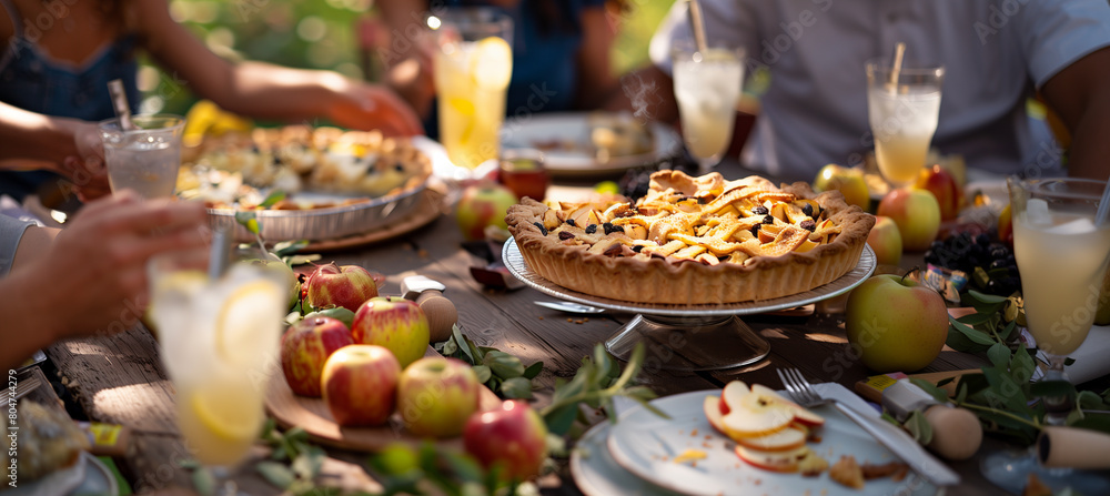Obraz premium featuring a table laden with classic American cookout fare, including apple pie and lemonade, framed by soft-focus guests enjoying the meal, Memorial Day, Independence Day, with co