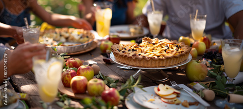 featuring a table laden with classic American cookout fare, including apple pie and lemonade, framed by soft-focus guests enjoying the meal, Memorial Day, Independence Day, with co